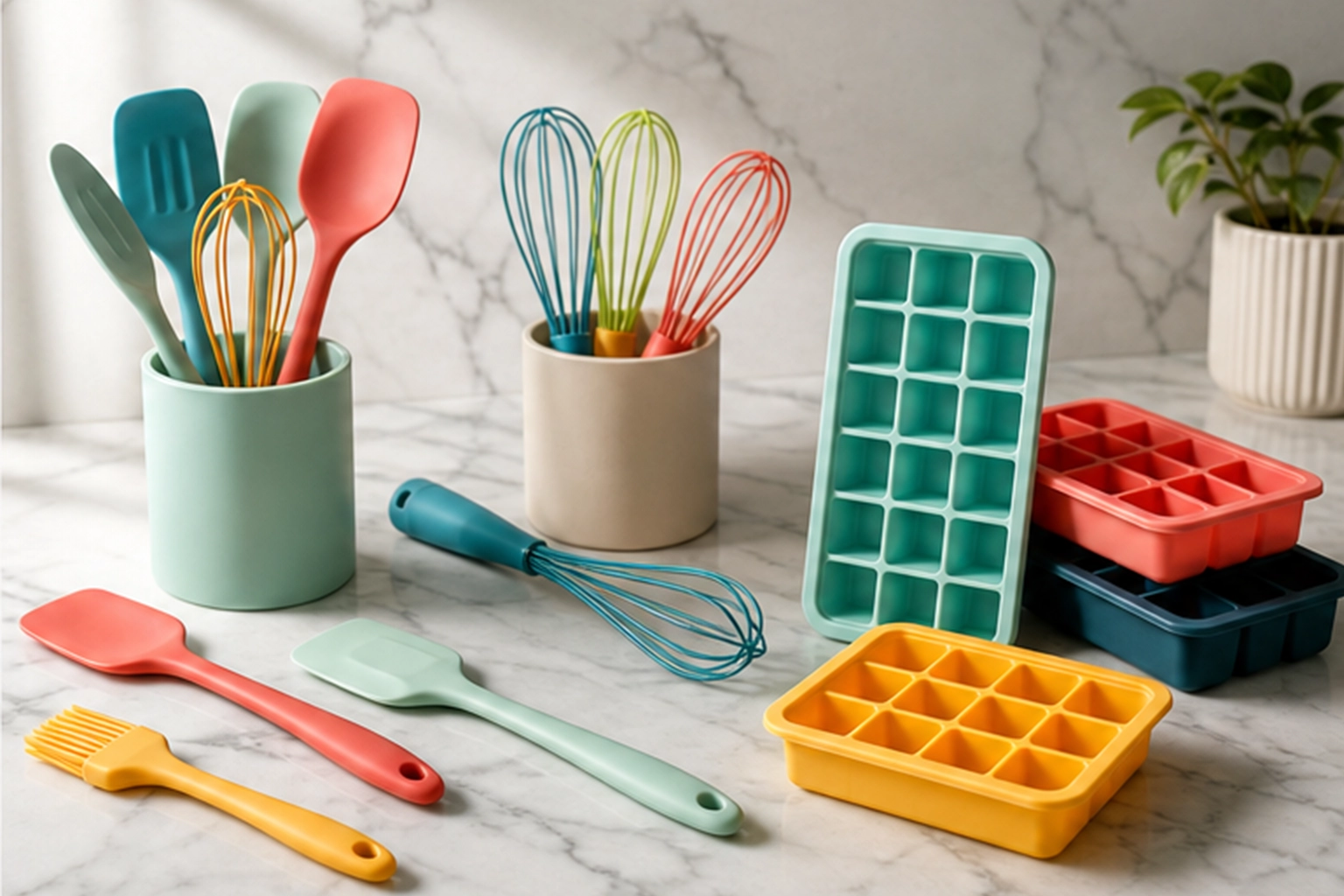 Colorful silicone kitchen tools including spatulas and ice cube trays by Leeyuen — food-grade silicone kitchenware manufacturer